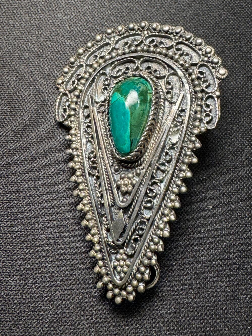Vintage 925 Silver Mexico Malacite Brooch (great Patina)